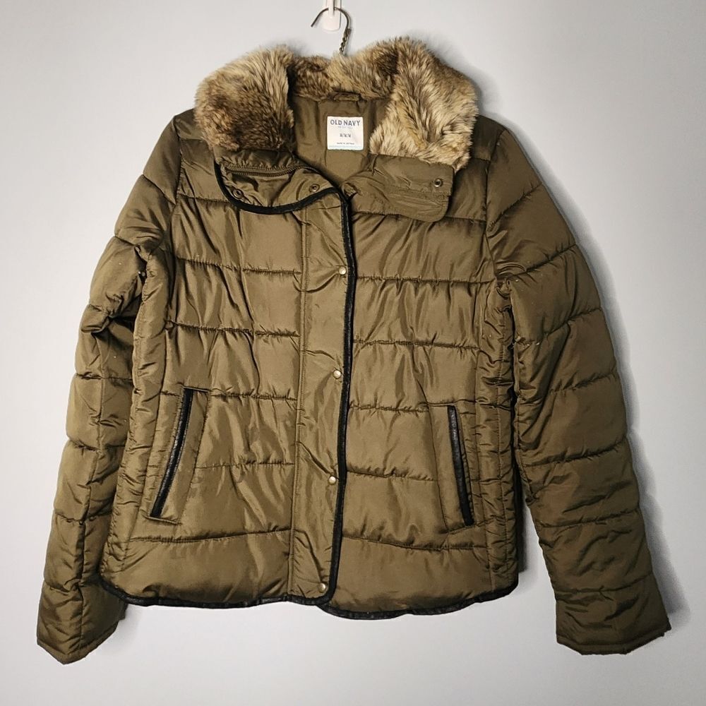 Old Navy Green Puffer Jacket Flax Fur Winter Coat Adult Women's Size M Medium